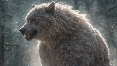 solo,open mouth,yellow eyes,upper body,outdoors,teeth,blurry,from side,tree,no humans,profile,blurry background,animal,fangs,sharp teeth,nature,snow,forest,colored sclera,snowing,realistic,animal focus,white fur,wolf,whiskers,signature,close-up,grey fur