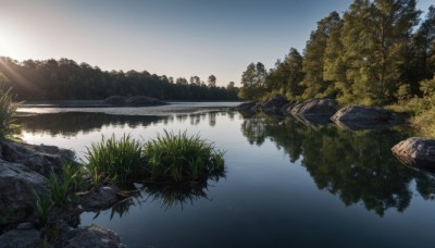 outdoors,sky,day,cloud,water,tree,blue sky,no humans,sunlight,grass,plant,nature,scenery,forest,reflection,sunset,rock,river,landscape,lake,light rays,mountain,reflective water