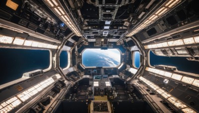 sky,no humans,window,star (sky),scenery,science fiction,space,planet,earth (planet),spacecraft,cloud,building,realistic,cable,monitor,cockpit