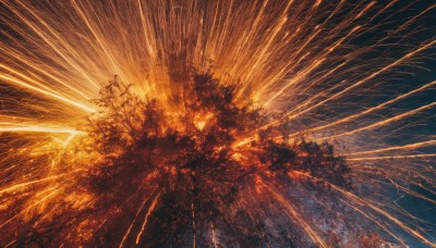 outdoors,sky,tree,no humans,scenery,emphasis lines,explosion,orange theme,glowing,electricity,destruction