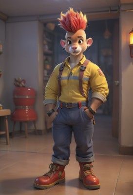 solo,looking at viewer,shirt,1boy,animal ears,brown eyes,closed mouth,standing,full body,male focus,red hair,multicolored hair,boots,collared shirt,belt,pants,artist name,indoors,blurry,black eyes,two-tone hair,blurry background,chair,suspenders,denim,red footwear,furry,sleeves rolled up,pocket,watch,yellow shirt,hands in pockets,wristwatch,lamp,overalls,furry male,mohawk,smile,jeans,stool