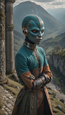 1girl,solo,red eyes,1boy,standing,male focus,outdoors,sky,cloud,signature,armor,orange eyes,colored skin,crossed arms,science fiction,mountain,realistic,blue skin,alien,rock,bald