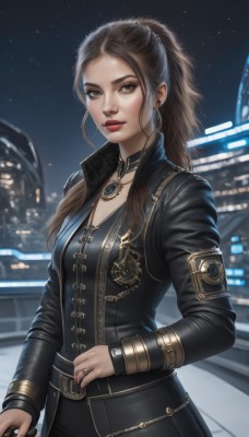 1girl,solo,long hair,breasts,looking at viewer,brown hair,long sleeves,holding,brown eyes,jewelry,medium breasts,closed mouth,standing,jacket,ponytail,weapon,cowboy shot,earrings,outdoors,sky,choker,belt,necklace,nail polish,blurry,bracelet,lips,coat,black jacket,makeup,night,ring,lipstick,star (sky),night sky,red nails,city,realistic,nose,red lips,small breasts,artist name,blurry background,cross,starry sky,hoop earrings,leather