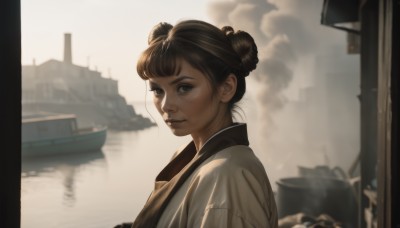 1girl,solo,looking at viewer,short hair,bangs,brown hair,black hair,closed mouth,upper body,outdoors,japanese clothes,sky,cloud,water,hair bun,blurry,black eyes,from side,lips,grey eyes,double bun,depth of field,blurry background,chinese clothes,building,smoke,reflection,realistic,nose,watercraft,architecture,ship,boat,smile,brown eyes,day,single hair bun,portrait,backlighting,freckles