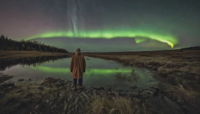 solo,short hair,brown hair,black hair,long sleeves,1boy,standing,jacket,male focus,outdoors,sky,pants,signature,water,from behind,tree,coat,night,glowing,grass,star (sky),nature,night sky,scenery,starry sky,reflection,brown jacket,wide shot,brown coat,lake,boots,aurora