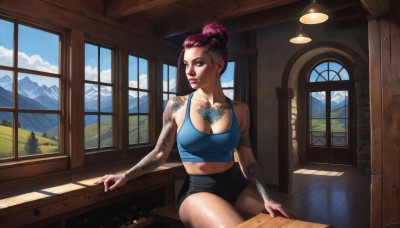 1girl,solo,breasts,large breasts,cleavage,bare shoulders,brown eyes,jewelry,medium breasts,sitting,collarbone,ponytail,purple hair,thighs,earrings,sky,shorts,day,midriff,cloud,indoors,hair bun,nail polish,tree,blue sky,lips,crop top,fingernails,short shorts,window,tattoo,makeup,black shorts,single hair bun,tank top,lipstick,desk,sports bra,mountain,nose,red lips,arm tattoo,shoulder tattoo,hair pulled back,mascara,windowsill,pink hair,signature,gun,realistic,updo