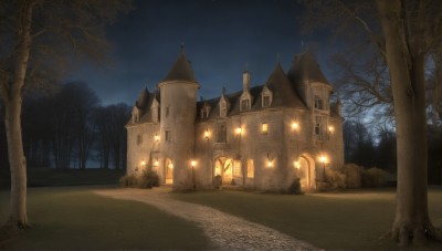 HQ,outdoors,sky,tree,no humans,window,night,grass,building,nature,night sky,scenery,forest,light,road,house,lamppost,bare tree,castle,path,church,fantasy,door,dark,tower