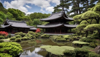 outdoors,sky,day,cloud,water,tree,blue sky,no humans,cloudy sky,grass,building,nature,scenery,forest,reflection,rock,mountain,bush,architecture,bridge,east asian architecture,river,landscape,shrine,path,pond,reflective water