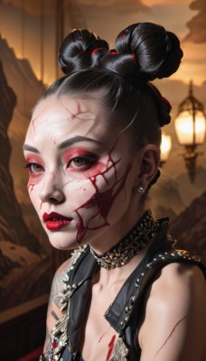 1girl,solo,breasts,looking at viewer,short hair,black hair,cleavage,bare shoulders,brown eyes,jewelry,medium breasts,upper body,earrings,small breasts,outdoors,sleeveless,choker,necklace,hair bun,blurry,lips,double bun,blood,tattoo,makeup,blurry background,scar,lipstick,forehead,eyeshadow,injury,blood on face,nose,red lips,eyeliner,mascara,cuts,vest,eyelashes,single hair bun,pale skin,facepaint