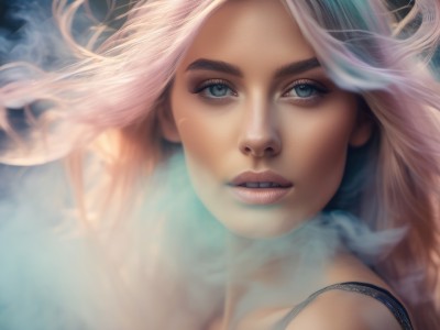 1girl,solo,long hair,looking at viewer,blue eyes,bare shoulders,pink hair,white hair,multicolored hair,parted lips,teeth,blurry,lips,eyelashes,floating hair,portrait,close-up,realistic,nose,blonde hair,green eyes,grey eyes,makeup,watermark