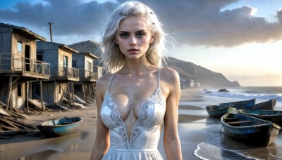 HQ,1girl,solo,long hair,breasts,looking at viewer,blue eyes,blonde hair,large breasts,dress,cleavage,bare shoulders,medium breasts,collarbone,upper body,white hair,outdoors,parted lips,sky,sleeveless,day,cloud,water,white dress,lips,ocean,sunlight,cloudy sky,wind,building,breasts apart,mountain,realistic,nose,watercraft,house,dirty,ship,boat,short hair,makeup,sleeveless dress,scenery