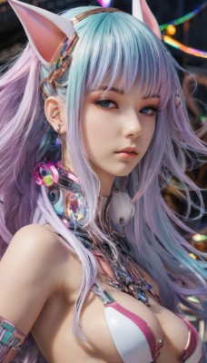 1girl,solo,long hair,breasts,looking at viewer,bangs,blue eyes,hair ornament,animal ears,cleavage,bare shoulders,jewelry,medium breasts,closed mouth,blue hair,upper body,multicolored hair,hairband,earrings,cat ears,armpits,blurry,lips,sideboob,blurry background,fake animal ears,revealing clothes,realistic,sidelocks,parted lips,artist name,eyelashes,expressionless,science fiction,nose,cable