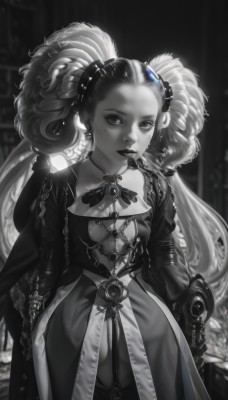 1girl,solo,long hair,breasts,looking at viewer,hair ornament,long sleeves,dress,cleavage,twintails,jewelry,very long hair,standing,monochrome,greyscale,cowboy shot,earrings,small breasts,parted lips,artist name,necklace,blurry,lips,clothing cutout,eyelashes,makeup,blurry background,facial mark,cleavage cutout,lipstick,gem,forehead,eyeshadow,spot color,nose,hair pulled back,heart,o-ring,curly hair,big hair