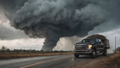 outdoors, sky, cloud, tree, no humans, cloudy sky, ground vehicle, scenery, motor vehicle, smoke, car, road, vehicle focus, lamppost