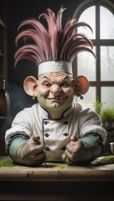 solo,looking at viewer,smile,brown hair,gloves,1boy,hat,brown eyes,jewelry,male focus,earrings,teeth,indoors,tree,window,realistic,chef hat,mohawk,chef,animal ears,upper body,black eyes,table,bottle,pointing,furry,clenched hands,nose,furry male,thumbs up,pointing at viewer