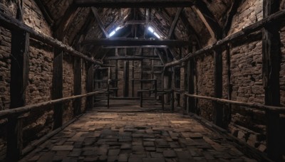 indoors,dutch angle,no humans,glowing,scenery,stairs,light,dark,ruins,outdoors,building,science fiction,fence,railing,brick wall,industrial pipe,stone floor,stone wall