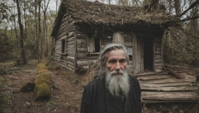 solo,long hair,looking at viewer,1boy,jewelry,closed mouth,closed eyes,upper body,white hair,grey hair,male focus,outdoors,day,necklace,tree,facial hair,plant,nature,scenery,beard,realistic,mustache,old,old man,statue,hat,forest,robe,stairs