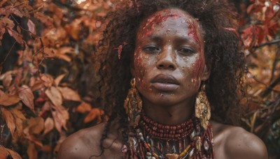 1girl,solo,long hair,looking at viewer,brown hair,black hair,bare shoulders,jewelry,upper body,earrings,parted lips,teeth,dark skin,necklace,blurry,black eyes,dark-skinned female,lips,blood,depth of field,blurry background,leaf,portrait,freckles,curly hair,blood on face,realistic,very dark skin,dreadlocks,tribal,dirty