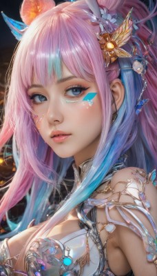 1girl,solo,long hair,breasts,looking at viewer,bangs,blue eyes,large breasts,hair ornament,cleavage,bare shoulders,jewelry,medium breasts,closed mouth,blue hair,upper body,pink hair,multicolored hair,shiny,two-tone hair,lips,eyelashes,gradient hair,makeup,facial mark,portrait,eyeshadow,realistic,nose,mascara,parted lips,hair bun