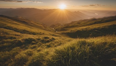 outdoors,sky,day,cloud,tree,no humans,bird,sunlight,grass,nature,scenery,sunset,mountain,sun,horizon,field,landscape,mountainous horizon,hill,cloudy sky