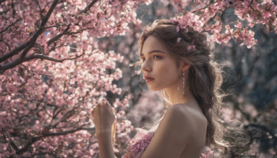 1girl, solo, long hair, brown hair, dress, bare shoulders, jewelry, upper body, flower, earrings, parted lips, blurry, from side, tree, lips, depth of field, blurry background, sunlight, cherry blossoms, pink flower, realistic, branch