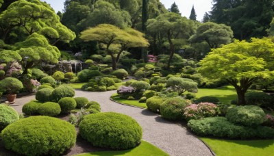 flower,outdoors,day,water,tree,no humans,grass,plant,cherry blossoms,nature,scenery,forest,road,bush,river,landscape,path,pond,sky,traditional media,rock,potted plant,waterfall