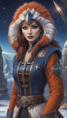 1girl,solo,long hair,breasts,looking at viewer,brown hair,long sleeves,cleavage,brown eyes,jewelry,medium breasts,weapon,earrings,outdoors,parted lips,sky,belt,artist name,signature,necklace,lips,fur trim,makeup,night,lipstick,gem,star (sky),night sky,snow,starry sky,mountain,nose,headdress,red lips,aurora,holding,closed mouth,standing,jacket,upper body,sword,hood,holding weapon,vest,coat,watermark,feathers,eyeshadow,snowing,realistic