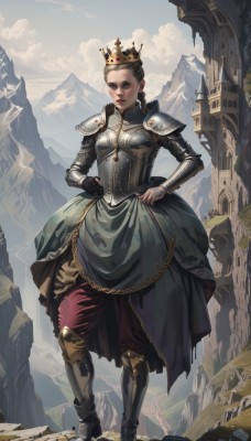 1girl,solo,long hair,looking at viewer,skirt,brown hair,black hair,gloves,closed mouth,standing,full body,braid,boots,outdoors,sky,day,cloud,armor,blue sky,crown,shoulder armor,pauldrons,hands on hips,breastplate,mountain,armored boots,greaves,castle,blue eyes,blonde hair,dress,jewelry