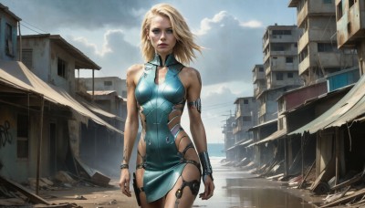 HQ,1girl,solo,long hair,breasts,looking at viewer,blue eyes,blonde hair,dress,bare shoulders,jewelry,medium breasts,closed mouth,standing,cowboy shot,outdoors,sky,sleeveless,day,cloud,bracelet,lips,clothing cutout,makeup,sleeveless dress,blue dress,short dress,cloudy sky,building,skin tight,science fiction,rain,realistic,nose,arms at sides,ruins,short hair,signature,bodysuit,wind,city