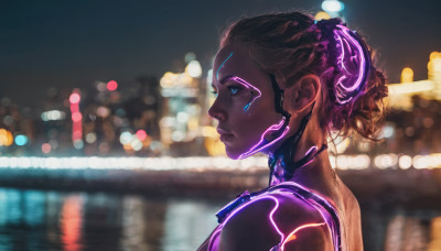 1girl, solo, blue eyes, upper body, dark skin, blurry, from side, dark-skinned female, lips, profile, blurry background, science fiction, realistic, nose, android, cyborg, cyberpunk