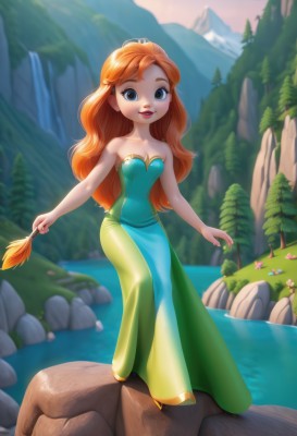 1girl,solo,long hair,breasts,looking at viewer,smile,open mouth,blue eyes,hair ornament,dress,holding,cleavage,bare shoulders,standing,collarbone,full body,flower,small breasts,outdoors,parted lips,teeth,day,artist name,water,orange hair,blurry,tree,lips,bare arms,strapless,makeup,blurry background,grass,lipstick,nature,strapless dress,forest,green dress,rock,mountain,red lips,river,waterfall,lake,red hair,blue dress,aged down,child,freckles,long dress,aqua dress