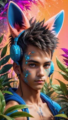 solo,looking at viewer,short hair,brown hair,black hair,1boy,animal ears,brown eyes,closed mouth,collarbone,upper body,male focus,outdoors,artist name,cat ears,hood,rabbit ears,lips,fox ears,hoodie,tattoo,fake animal ears,headphones,leaf,facial mark,hood down,plant,portrait,nose,animal ear headphones,sleeveless hoodie,sky,signature,vest,spiked hair,realistic,facepaint,male child,cat ear headphones