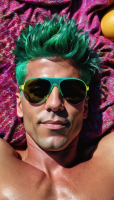 solo,looking at viewer,smile,short hair,1boy,male focus,lying,parted lips,green hair,shiny,lips,aqua hair,facial hair,sunglasses,portrait,topless male,realistic,closed mouth,collarbone,on back,pink background,freckles