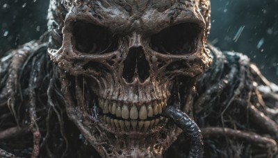 solo,looking at viewer,1boy,male focus,teeth,artist name,signature,water,blurry,no humans,sharp teeth,portrait,snow,1other,skull,monster,snowing,realistic,horror (theme),open mouth,upper body,hood,rain,skeleton,no eyes,bone