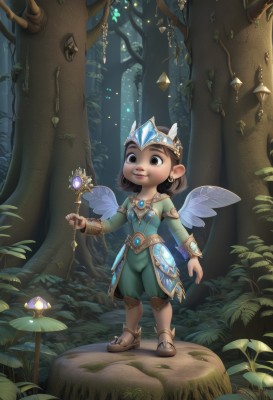 1girl,solo,smile,short hair,brown hair,long sleeves,holding,brown eyes,jewelry,closed mouth,standing,full body,earrings,boots,outdoors,wings,horns,artist name,tree,bodysuit,grass,tiara,crown,gem,child,nature,forest,wand,fairy wings,fairy,mushroom,tree stump,dress,pointy ears,lips,leaf