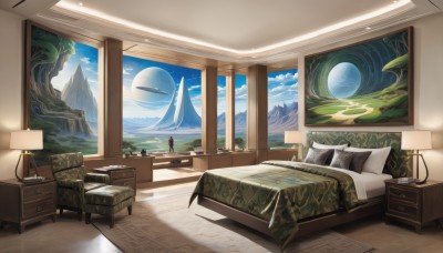 sky,day,cloud,indoors,tree,blue sky,pillow,book,no humans,window,bed,shadow,chair,moon,table,curtains,scenery,couch,desk,wooden floor,mountain,blanket,lamp,bedroom,planet,landscape,painting (object),carpet,globe,night,star (sky),fantasy,earth (planet)