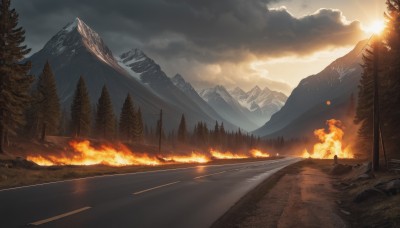 outdoors,sky,cloud,tree,no humans,cloudy sky,grass,fire,nature,scenery,forest,sunset,mountain,sun,road,landscape,burning,smoke