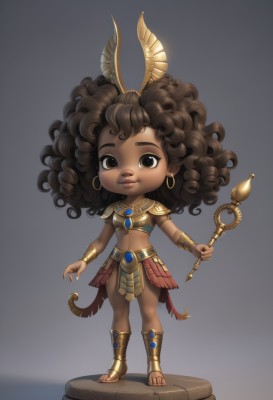 1girl,solo,long hair,looking at viewer,brown hair,hair ornament,navel,holding,brown eyes,jewelry,standing,full body,earrings,midriff,dark skin,grey background,necklace,chibi,nail polish,armor,bracelet,dark-skinned female,lips,fingernails,sandals,feathers,staff,black nails,curly hair,hoop earrings,bracer,big hair,loincloth,faux figurine,breasts,skirt,simple background,small breasts,artist name,watermark,holding staff