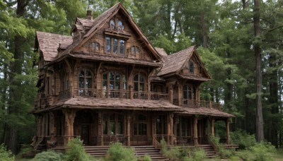 outdoors,day,tree,no humans,window,grass,building,nature,scenery,forest,stairs,fence,door,railing,bush,house,plant,architecture