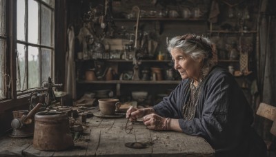 1girl,solo,short hair,long sleeves,1boy,holding,jewelry,sitting,closed mouth,white hair,grey hair,male focus,indoors,necklace,blurry,bracelet,from side,cup,window,profile,facial hair,chair,table,realistic,old,old man,old woman,wrinkled skin,smile,braid,day,hair bun,book,single hair bun,bottle,thread