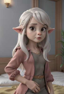 1girl,solo,long hair,breasts,looking at viewer,shirt,dress,brown eyes,collarbone,braid,white hair,grey hair,small breasts,parted lips,open clothes,pointy ears,belt,artist name,indoors,blurry,lips,pillow,bed,depth of field,blurry background,on bed,elf,freckles,lamp,blonde hair,jacket,brown belt