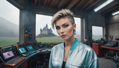 1girl,solo,breasts,looking at viewer,short hair,blue eyes,blonde hair,shirt,cleavage,brown eyes,jewelry,jacket,upper body,multicolored hair,earrings,parted lips,indoors,lips,grey eyes,window,makeup,building,eyeshadow,science fiction,realistic,eyeliner,computer,undercut,monitor,laptop,two-tone hair,eyelashes,piercing,robot,lipstick,scenery,asymmetrical hair,hoop earrings,labcoat,very short hair,mascara,cyberpunk,eyebrow cut