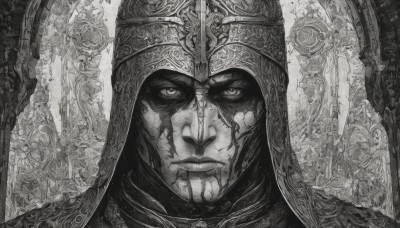 solo,looking at viewer,1boy,holding,closed mouth,monochrome,weapon,greyscale,male focus,sword,hood,holding weapon,armor,blood,helmet,portrait,hood up,blood on face,scar,scar on face