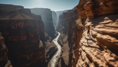 1girl,solo,1boy,standing,outdoors,sky,day,cloud,water,tree,building,scenery,rock,mountain,ruins,bridge,landscape,cliff,very wide shot,from behind,sand,ambiguous gender,desert