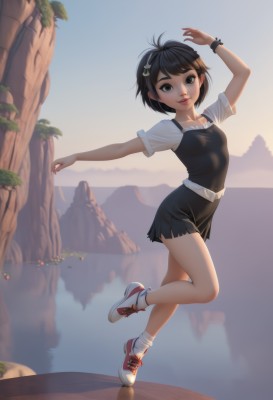 1girl,solo,breasts,looking at viewer,smile,short hair,bangs,skirt,shirt,black hair,hair ornament,dress,brown eyes,jewelry,standing,full body,white shirt,short sleeves,small breasts,outdoors,sky,shoes,day,socks,hairclip,belt,artist name,water,black eyes,black dress,arm up,bracelet,lips,see-through,watermark,short dress,leg up,white footwear,standing on one leg,white socks,sneakers,web address,mountain,nose,red lips,white belt,cliff,no humans,scenery,sunset