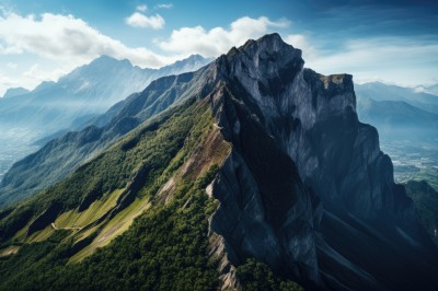 outdoors,sky,day,cloud,tree,blue sky,no humans,cloudy sky,grass,nature,scenery,forest,mountain,landscape,mountainous horizon,cliff,water,bird,ocean,fantasy