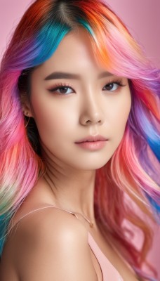 1girl,solo,long hair,breasts,looking at viewer,bangs,simple background,bare shoulders,brown eyes,jewelry,closed mouth,blue hair,upper body,pink hair,multicolored hair,earrings,necklace,black eyes,two-tone hair,lips,eyelashes,gradient hair,makeup,watermark,piercing,pink background,portrait,realistic,nose,rainbow hair