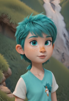 1girl,solo,looking at viewer,smile,short hair,bangs,shirt,jewelry,green eyes,blue hair,collarbone,white shirt,upper body,short sleeves,earrings,outdoors,parted lips,day,artist name,blurry,vest,aqua eyes,lips,aqua hair,depth of field,blurry background,bird,grass,child,freckles,sweater vest,realistic,nose,stud earrings,ponytail,green hair,signature,messy hair,web address,low ponytail,rock