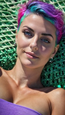 1girl,solo,breasts,smile,short hair,blue eyes,large breasts,cleavage,bare shoulders,jewelry,medium breasts,blue hair,collarbone,upper body,pink hair,purple hair,multicolored hair,earrings,lying,on back,two-tone hair,lips,looking to the side,eyelashes,strapless,makeup,piercing,strapless dress,realistic,nose,undercut,looking at viewer,closed mouth,parted lips,blurry,portrait,eyeshadow,mascara