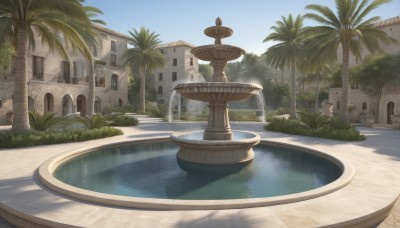 outdoors,sky,day,water,tree,blue sky,no humans,window,grass,plant,building,scenery,palm tree,pool,bush,fountain,cloud,shadow,sunlight,reflection,fantasy,bridge,pillar,statue,boat,arch